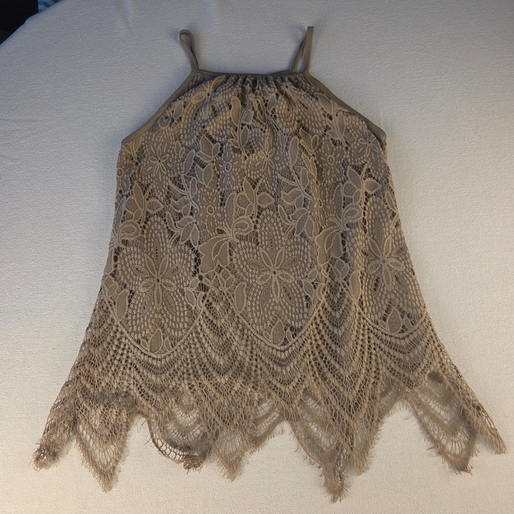 Paper + Tee Womens Taupe Floral Lace Halter Sharkbite Hem Tank Top M Whimsygoth